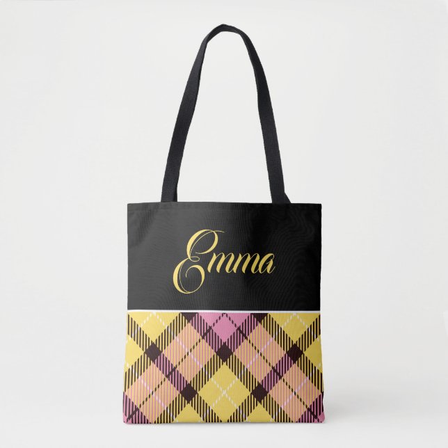 Tote Bag Nom personnalisé à carreaux tartan noir jaune rose (Devant)