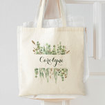 Tote Bag Nom personnalisé Aquarelle Eucalyptus Vert Joli<br><div class="desc">Belle illustration verte peinte à la main d'aquarelle d'eucalyptus avec des accents de parties scintillant faux or. Personnalisez facilement avec votre nom personnalisé ou n'importe quel texte.</div>