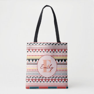 Tote Bag Nom personnalisé Aztec Elegance Rouge chaud Motif