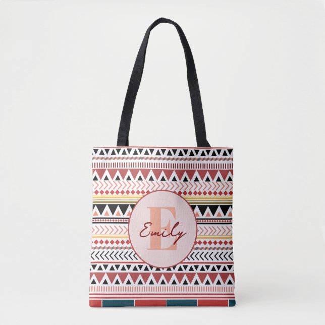 Tote Bag Nom personnalisé Aztec Elegance Rouge chaud Motif  (Devant)