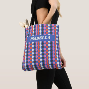 Tote Bag Nom personnalisé bandes abstraites rétro bleu rose