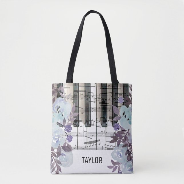 Tote Bag nom personnalisé bleu fleurs musique notes piano (Devant)