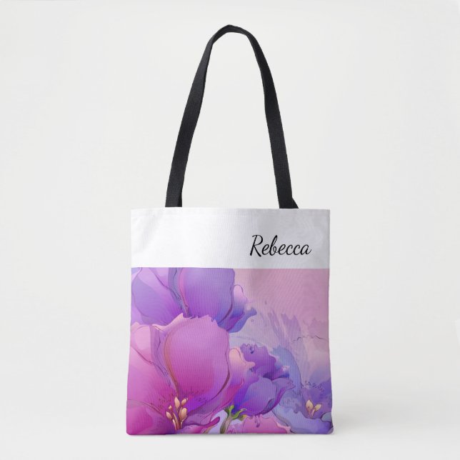 Tote Bag Nom personnalisé | Cadeau de peinture à fleurs (Devant)
