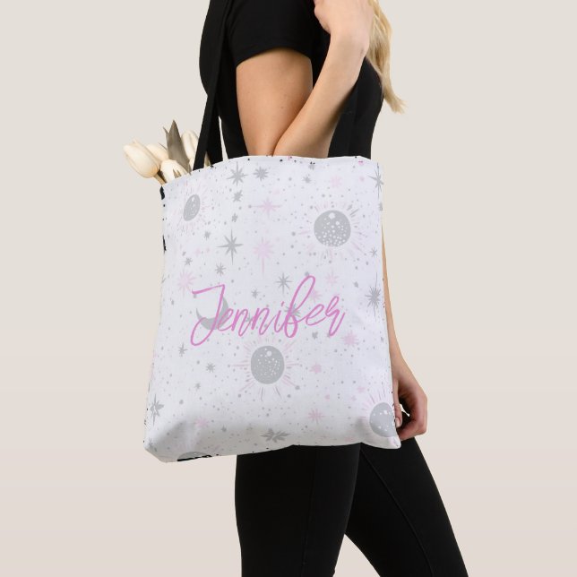 Tote Bag Nom personnalisé céleste noir et rose (De près)