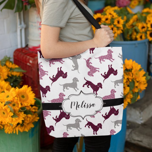 Tote Bag Nom personnalisé des Dachshunds Damask mous (Créateur téléchargé)