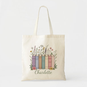 Tote Bag Nom personnalisé Dos de livres pastel Art de fleur