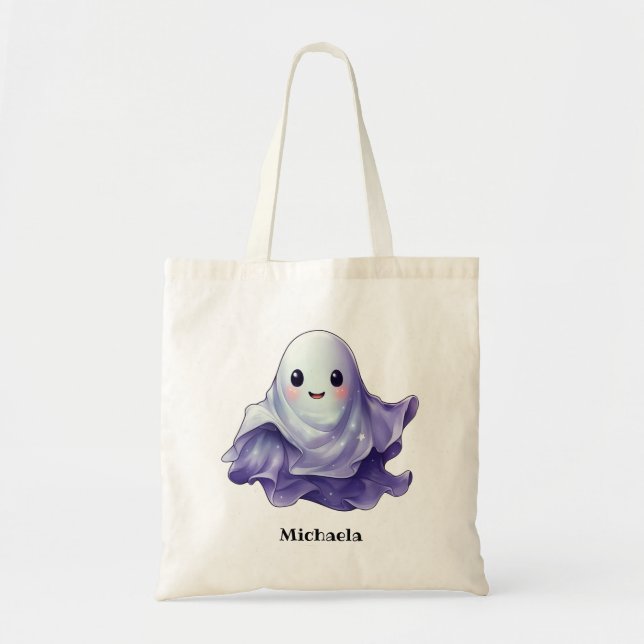 Tote Bag Nom personnalisé du fantôme d'Halloween mignon (Devant)