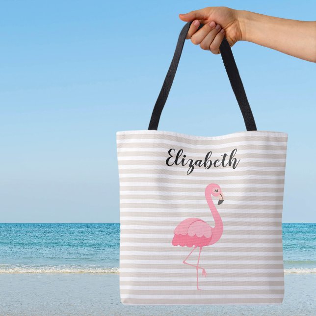 Tote Bag Nom personnalisé du Flamant rose rose mignon Tan S (Cute Pink Flamingo Custom Name Tan Stripes Canvas Beach Shopping Travel Tote Bag)