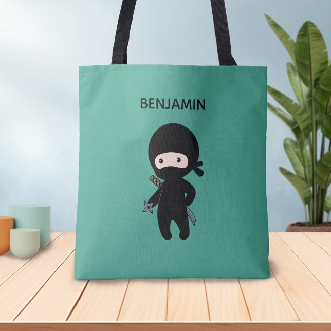 Tote Bag Nom personnalisé du minuscule Ninja sur le vert fo (Créateur téléchargé)