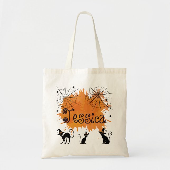 Tote Bag Nom personnalisé Éffrayant Black Cat Witder Web Sp (Devant)