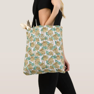 Tote Bag Nom personnalisé en blanc sur feuilles tropicales