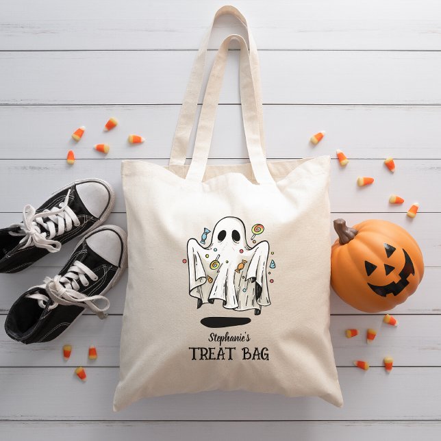 Tote Bag Nom personnalisé Fantôme mignon Halloween Tricoter (Créateur téléchargé)