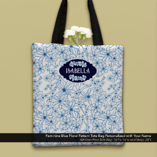 Tote Bag Nom personnalisé féminin motif floral bleu
