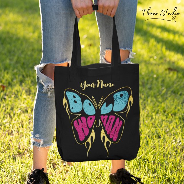 Tote Bag Nom personnalisé Femme audacieuse Papillon rustiqu (Créateur téléchargé)