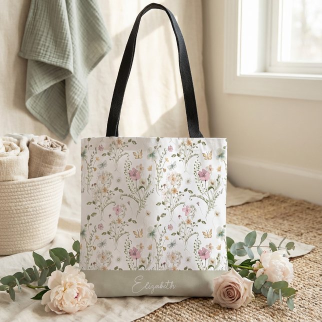 Tote Bag Nom personnalisé Fleur sauvage florale (Créateur téléchargé)