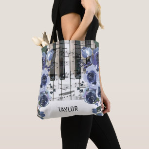 Tote Bag nom personnalisé fleurs bleues poussiéreuses musiq