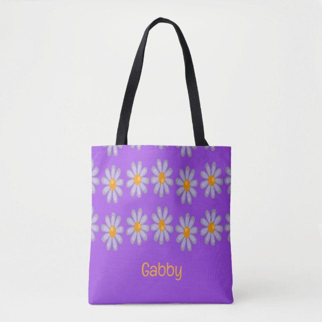 Tote Bag Nom personnalisé fleurs bleues sur violet (Devant)