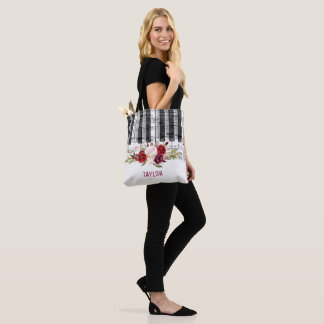 Tote Bag nom personnalisé fleurs bordeaux notes musique pia