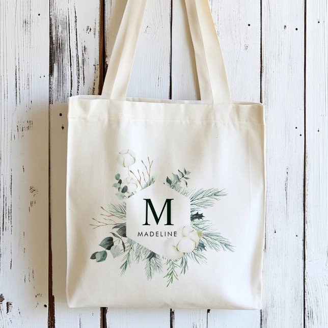 Tote Bag Nom personnalisé Fleurs de coton et feuillage pers (Créateur téléchargé)