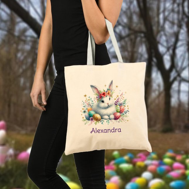 Tote Bag Nom personnalisé Fleurs de lapin Chasse aux oeufs  (Créateur téléchargé)
