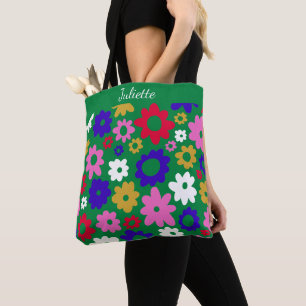 Tote Bag Nom personnalisé Fleurs vertes rétros Vibrant