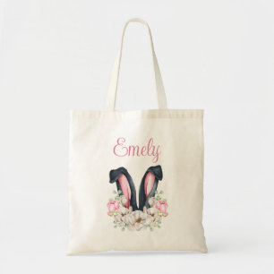 Tote Bag Nom personnalisé Lapin Floral Oreilles Pâques