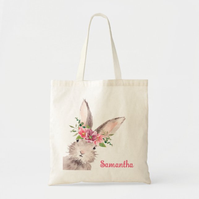 Tote Bag Nom personnalisé Lapin Rabbit fille rose (Devant)