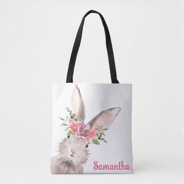 Tote Bag Nom personnalisé Lapin Rabbit fille rose (Devant)
