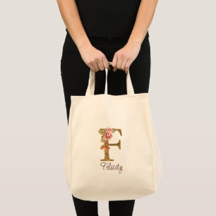 Tote Bag Nom personnalisé lettre F or feuille rose rose blu