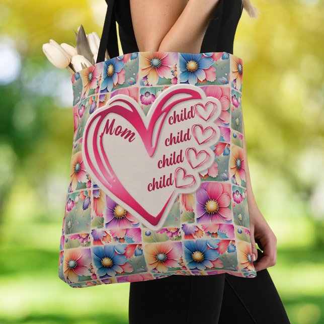 Tote Bag Nom personnalisé Maman Enfants Floral sur toute l' (Créateur téléchargé)