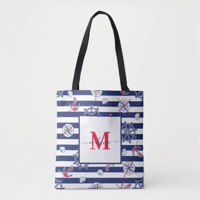Tote Bag Nom personnalisé Marine bleu et blanc (Devant)