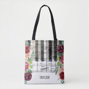 Tote Bag nom personnalisé marsala fleurs notes musicales