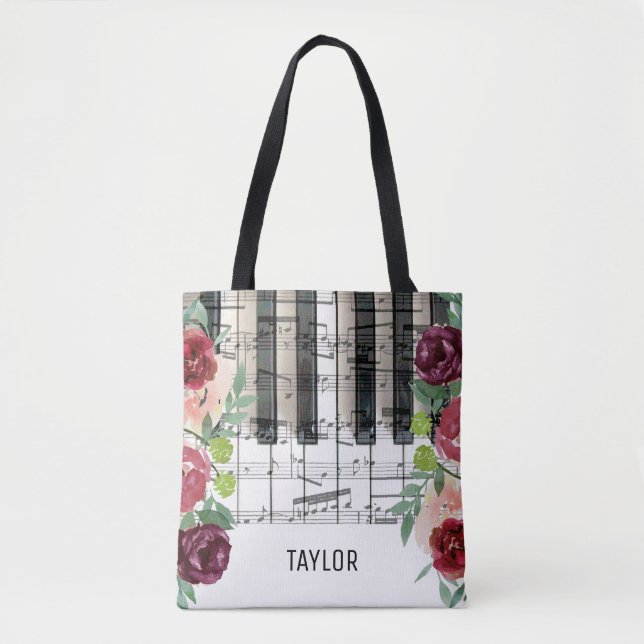 Tote Bag nom personnalisé marsala fleurs notes musicales (Devant)