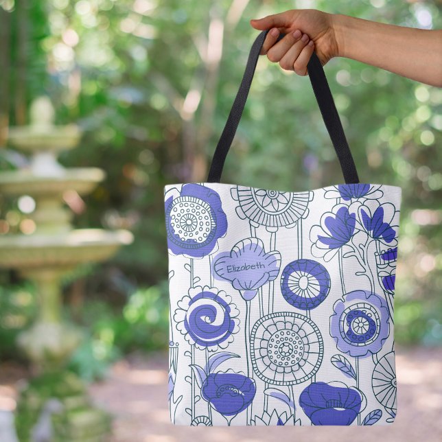 Tote Bag Nom personnalisé mignon Abstrait Artsy Floral Bleu (Cute Custom Name Abstract Floral Artsy Custom Name Periwinkle Blue Purple Tote Bag
)