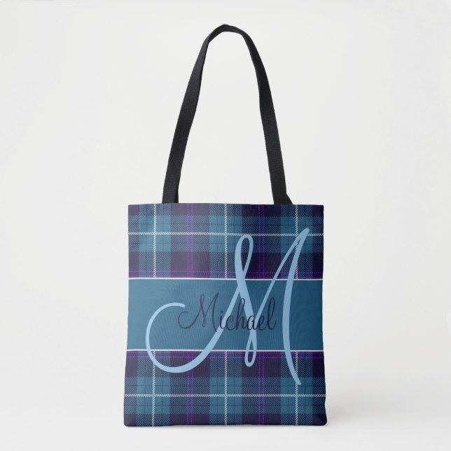Tote Bag Nom personnalisé moderne tartan à carreaux bleus s (Devant)