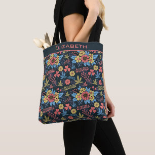 Tote Bag Nom personnalisé motif floral coloré