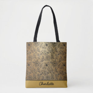 Tote Bag Nom personnalisé motif floral doré