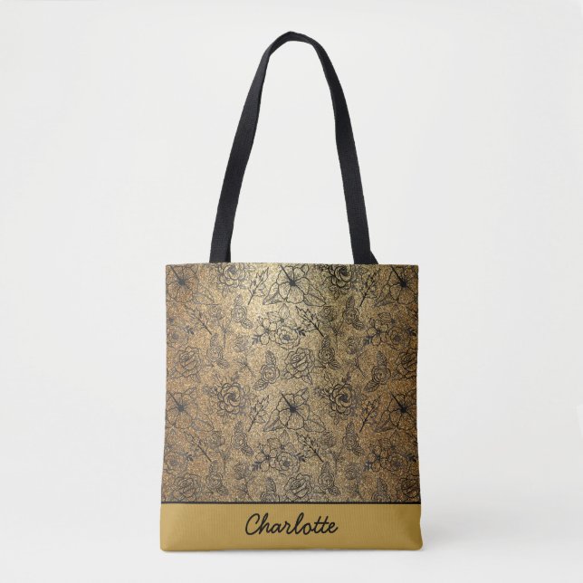 Tote Bag Nom personnalisé motif floral doré (Devant)