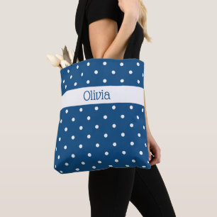 Tote Bag Nom personnalisé Motif Polka Blanc bleu