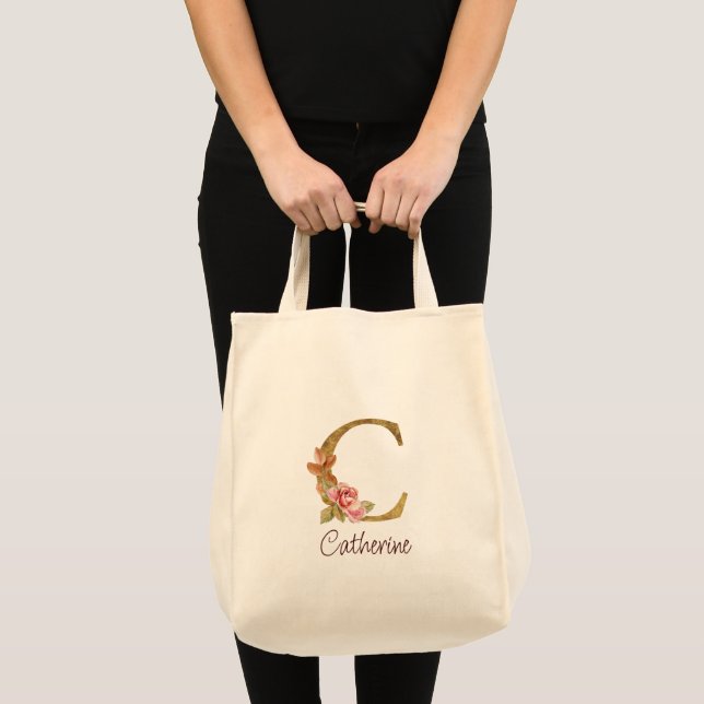 Tote Bag Nom personnalisé Or Feuille Rose Blush Lettre C (Devant (produit))