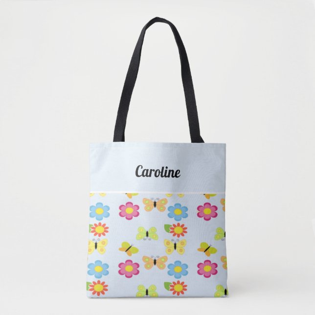 Tote Bag Nom personnalisé papillons et fleurs bleu motif (Devant)