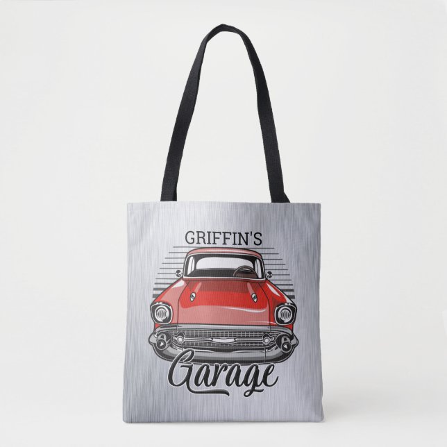 Tote Bag NOM personnalisé Retro Red Classic Car Garage (Devant)
