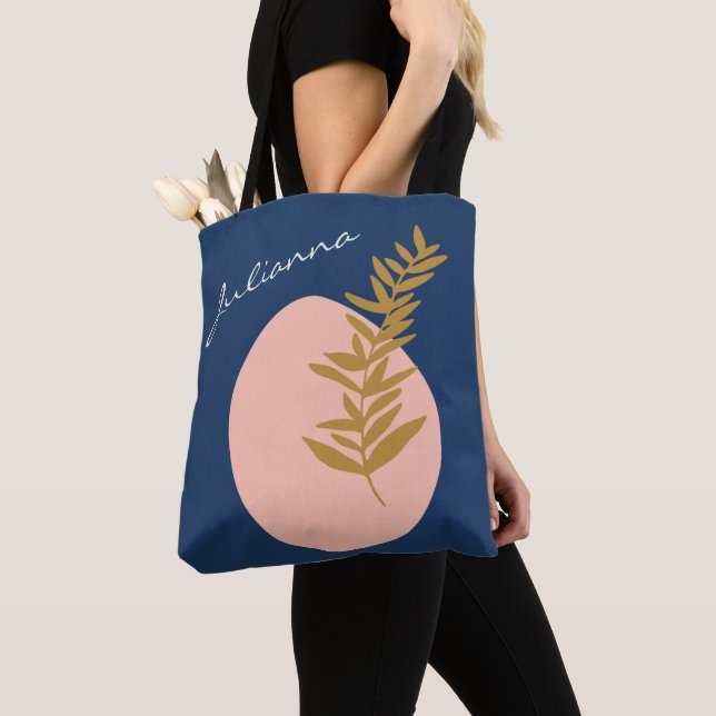 Tote Bag Nom personnalisé Script Bleu Botanique Boho (De près)