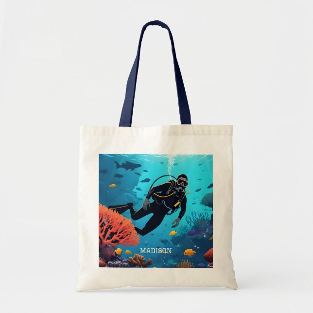 Tote Bag Nom personnalisé Scuba Diver (Devant)