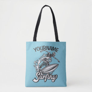 Tote Bag NOM personnalisé Surfer Big Wave Skeleton Surfing