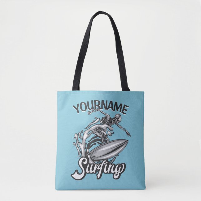 Tote Bag NOM personnalisé Surfer Big Wave Skeleton Surfing (Devant)