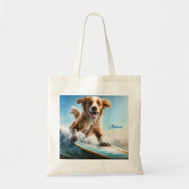 Tote Bag Nom personnalisé Surfing Chien (Devant)
