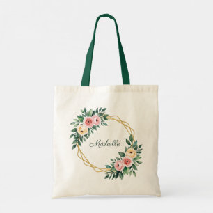 Tote Bag Nom personnalisé tendance Botanical Gold Green