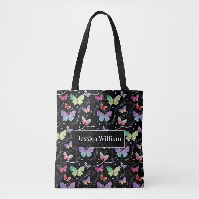 Tote Bag Nom personnel Élégant Papillons violets brillants (Devant)