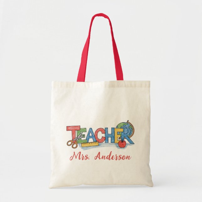 Tote Bag Nom personnel enseignant Apple Pencil ciseau cisea (Devant)